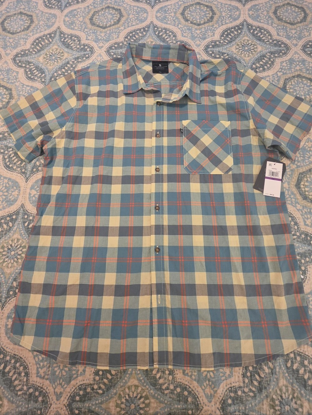 NWT Junk Food Clothing Plaid Button Down Shirt Men's XXL Short Sleeve Blue Yello